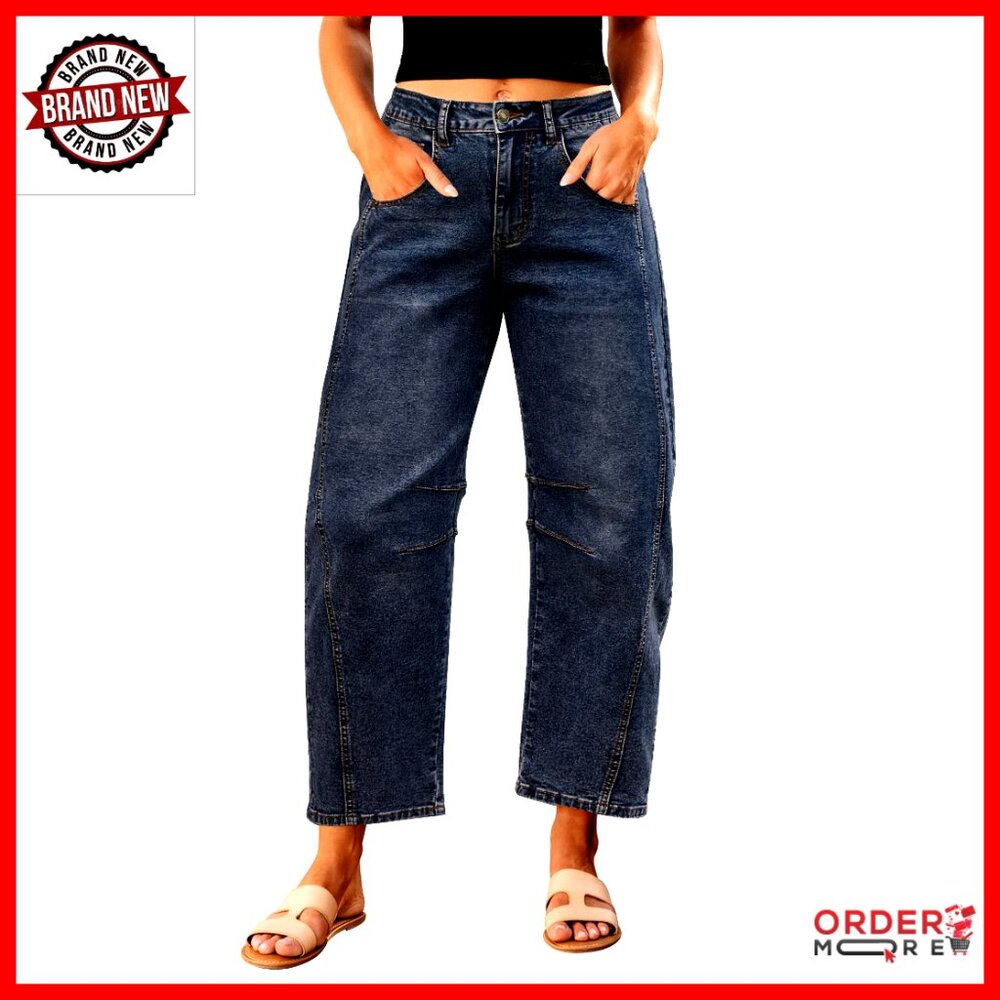 High Waisted Wide Leg Barrel Jeans Cropped Ankle Pants Stretch Denim